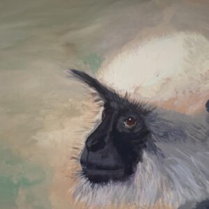 Acrylic painting of a monkey with w beige/green background